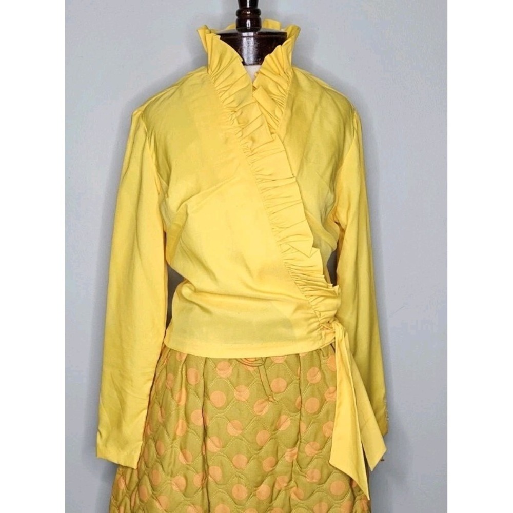 VTG 1960s A Weber Original Vintage Yellow Frill Faux Wrap Blouse Top S/M